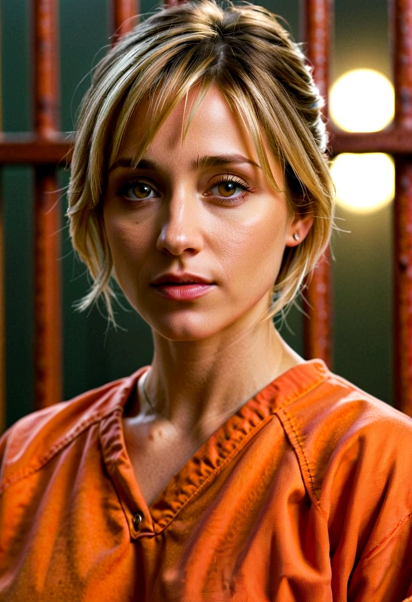 ((Realism)), extremely high quality RAW photograph, Detailed background, complex, Messy hair, Exquisite details and textures, Very detailed, photo (Allison Mack) In the cell, (Wearing orange prison uniform:1.3), Look away from the camera, Super detailed photo, Warm lighting, Art Station, 4K, Clear focus, high resolution, Delicate skin, Delicate eyes, 8k Ultra HD, digital SLR camera, Low glare lighting, high quality, Film Grain, Fuji XT3, sad:1.3