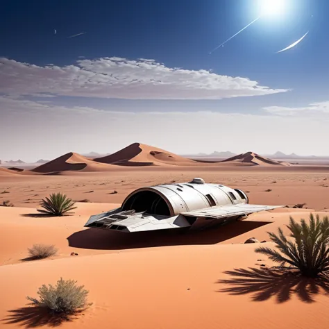 desert landscape with a crashed space ship