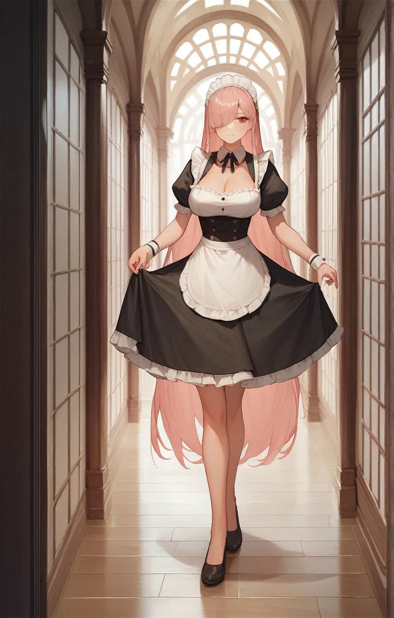 best quality, Very detailed, masterpiece, Japanese cartoons,best quality,Pink long hair，Bangs covering one eye，Big breasts,，Maid costume,Dynamic poses,corridor,Place one hand on your hip,The other hand strokes the hair，