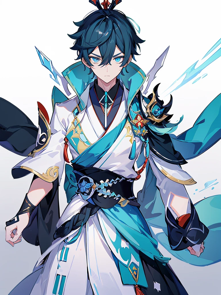 ((Genshin impact style)) (masterpiece), (high quality), (pretty boy face), 1 boy, 16 years, masculine and tall body, white skin, ((medium shoulder-height black hair)), ((light blue and cold eyes)), calm and serious expression, designs from East Asian, Game character costume design, Japanese clothing style with a dark blue, white and black color palette, Japanese hair accessories, ((White background)) intricate details, lens flare，ultra high resolution，sharp focus，HD，8k，clear facial features，clear details，beautiful eyes，beautiful face
