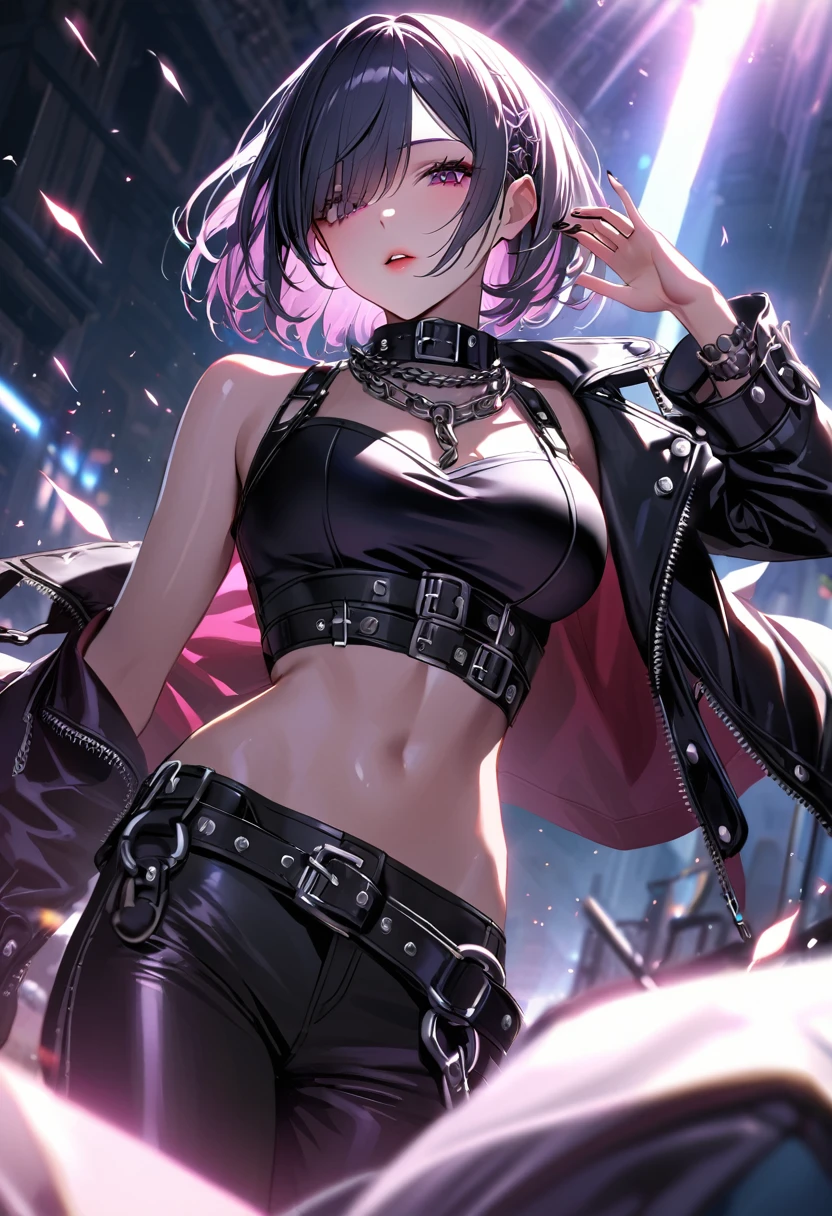 best quality, masterpiece, ultra-detailed, illustration, dynamic pose, Rem from Re:Zero, blue short hair, hair over one eye, (perfectly proportionate body), eyeliner, tired, wearing a leather jacket, covid face mask, adorned with studded accessories, platform boots, layered necklaces, bold patterns, heavy Blushing, (torn fishnets), dramatic makeup, black nail polish, oversized rings, chains and buckles, black lipstick, busty body, wearing a crop-top, close-up shot, cinematic lighting, volumetric lighting, vibrant colors, ray tracing, 