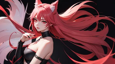 black simple background。
a lustful virgin sits drunk and red faced。
long light pink hair and wolf ears。red eyes。heavy makeup。
ni...