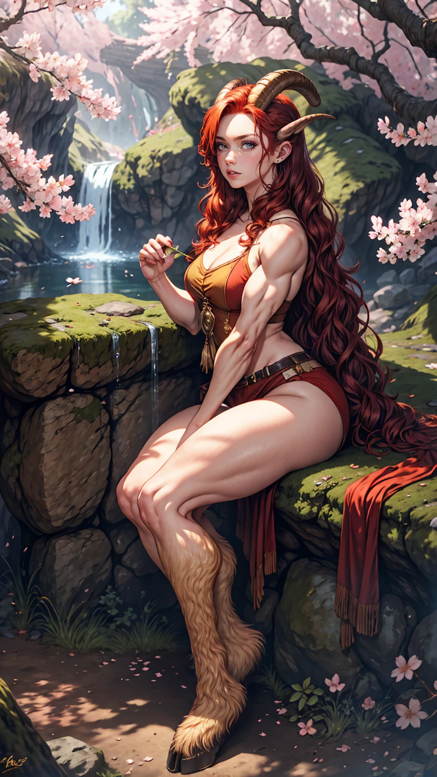red hair,A faun female in the forest, satyr, woman, fantasy(masterpiece, best quality, photorealistic, detailed shiny skin:1.2), flawless, 8k, RAW, highres, (dark night:1.1), goat legs, furr legs, hooved, goat horns, beard, long black hair, looking at viewer, cinematic, dark background, medieval, muscles, open ches5, fantasy, (absurdes), attractive, long blonde hair, golden eyes, sexy,big , cherry blossom,waterfall, forest, sun rays
