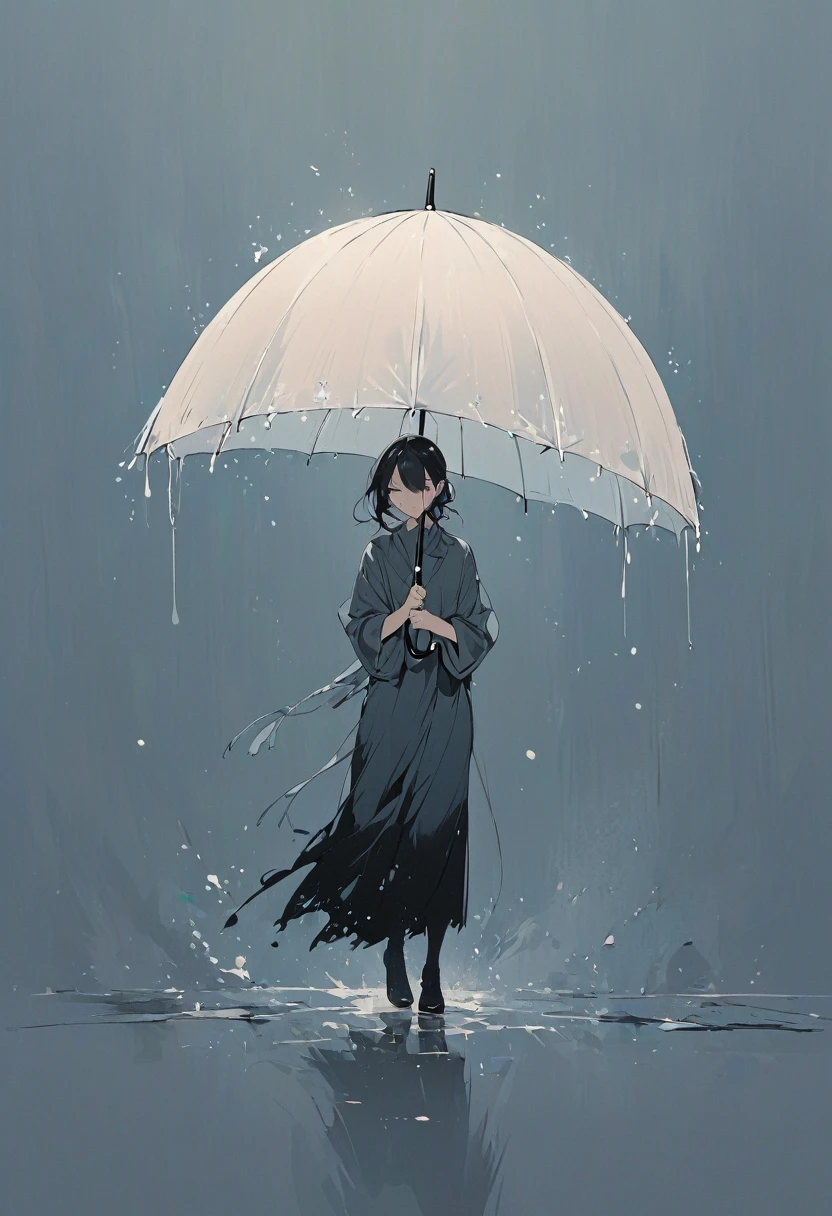 一個簡單的,極簡主義插圖, 一個女孩撐著傘