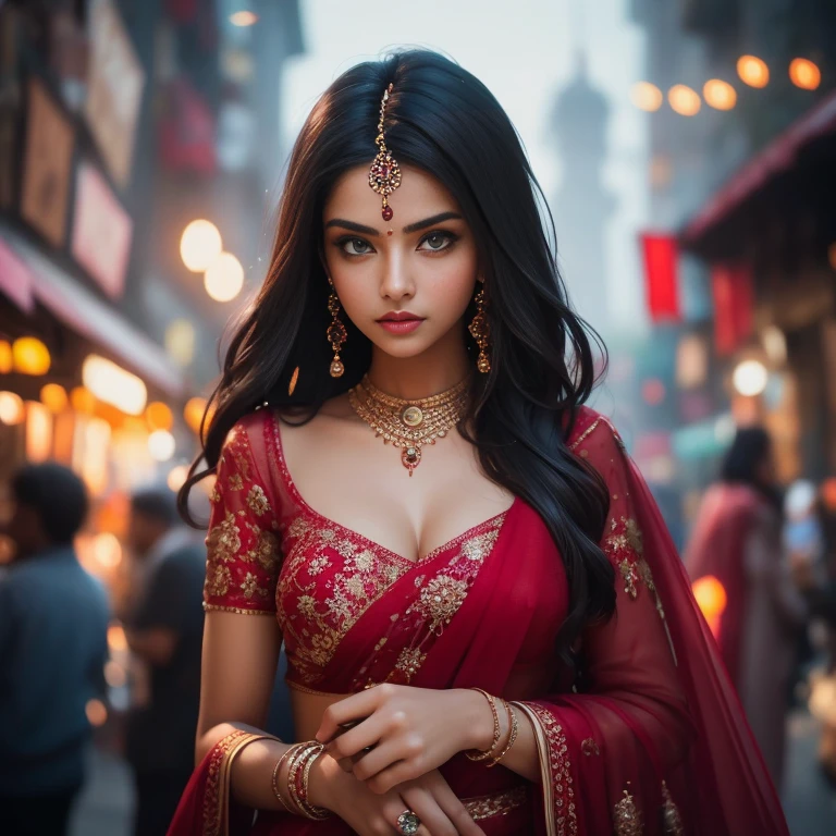 In the bustling streets of a vibrant Indian city, amidst the kaleidoscope of colors and scents, a woman (((Anne Hathaway: Selena Gomez:0.6))) biggest breasts, clad in a vibrant red saree and a black blouse becomes an ethereal sight that captivates all who lay eyes upon her. Her undeniable beauty transcends time and space, leaving onlookers spellbound.

Describe the scene as the woman, with her graceful presence, glides through a crowded marketplace, where merchants and shoppers pause to admire her radiance. Decorate the street with lights and candlee, The atmosphere is alive with whispers as her mesmerizing allure evokes a sense of awe and admiration. Fire works behind 

Embark on a journey to reveal the woman’s story—her name, her background, her passions—and the reasons behind her choice of attire. Explore her persona, intertwining elements of mystery and allure, as people speculate on the secrets hiding behind her enchanting gaze.

Incorporate the sights, sounds, and emotions that surround this extraordinary woman, as she navigates through the city’s vibrant tapestry. Whether it be the scent of freshly ground spices, the distant sound of temple bells, or the intricate henna designs adorning her hands, immerse the reader in the sensory experience of this captivating moment.

As the story unfolds, her path intertwines with that of a curious photographer who becomes determined to capture her undeniable beauty in a single photograph. Describe their encounters, the photographer’s attempts to understand her story, and the profound impact this woman’s presence has on his own life.(Blur Background:1.6), (Blue Hue:0.8), (Auto focus:1.4)