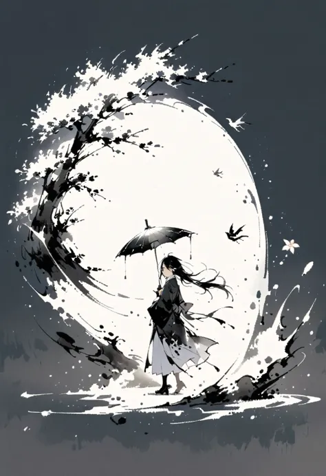 艺术ink painting，立体ink painting，minimalism，minimalism的图形，minimal art，chinese anime girl，whole body，chinese，，ink painting，umbrella，...