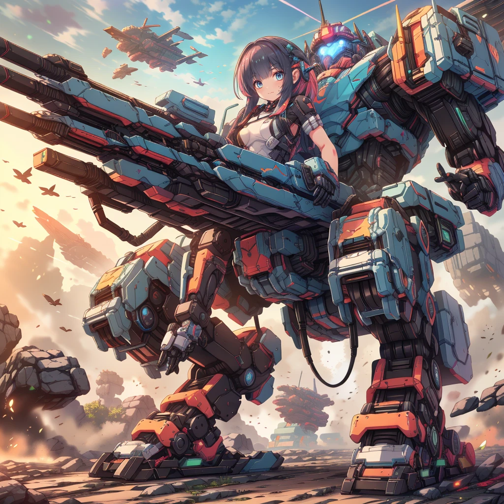 (masterpiece:1.2), best quality, high resolution, extremely detailed CG, absurdres, highres, Sci-fi world, a girl in bodysuit sits inside a machine with giant robot arms and legs on a battlefield, and the girl holds the lever of the machine,Colorful portraits