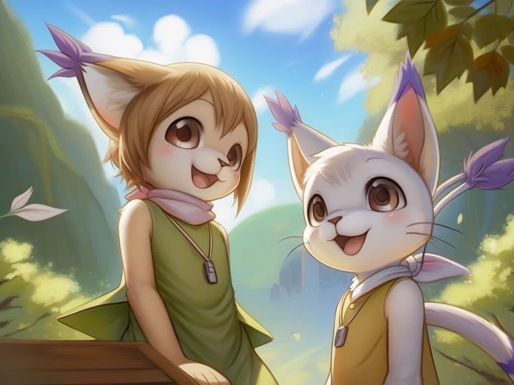 by woolrool,,, Kari_Kamiya and Gatomon furry, detailed and extremely fluffy body fur, fluff, masterpiece, looking up beautiful surroundings, detailed background, happy, leaf-dress, short stature, sexy anthro