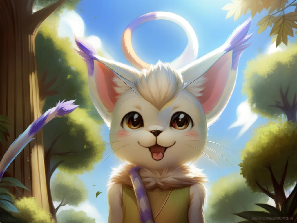 by woolrool,,, Kari_Kamiya and Gatomon furry, detailed and extremely fluffy body fur, fluff, masterpiece, looking up beautiful surroundings, detailed background, happy, leaf-dress, short stature, sexy anthro