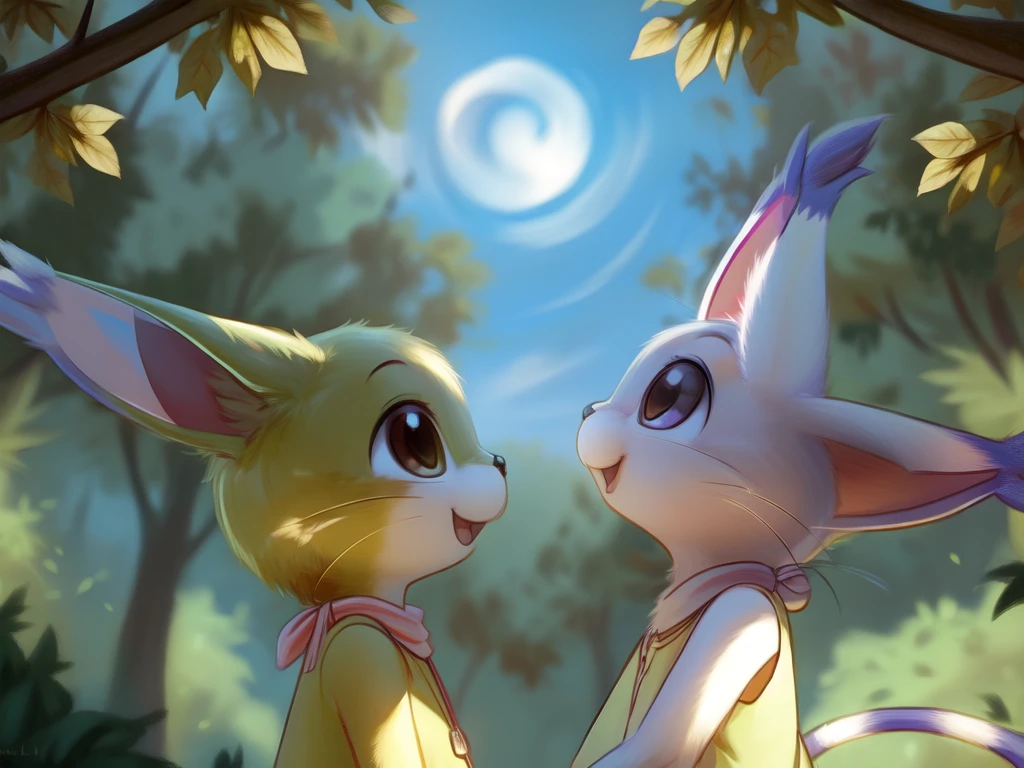 by woolrool,,, Kari_Kamiya and Gatomon furry, detailed and extremely fluffy body fur, fluff, masterpiece, looking up beautiful surroundings, detailed background, happy, leaf-dress, short stature, sexy anthro