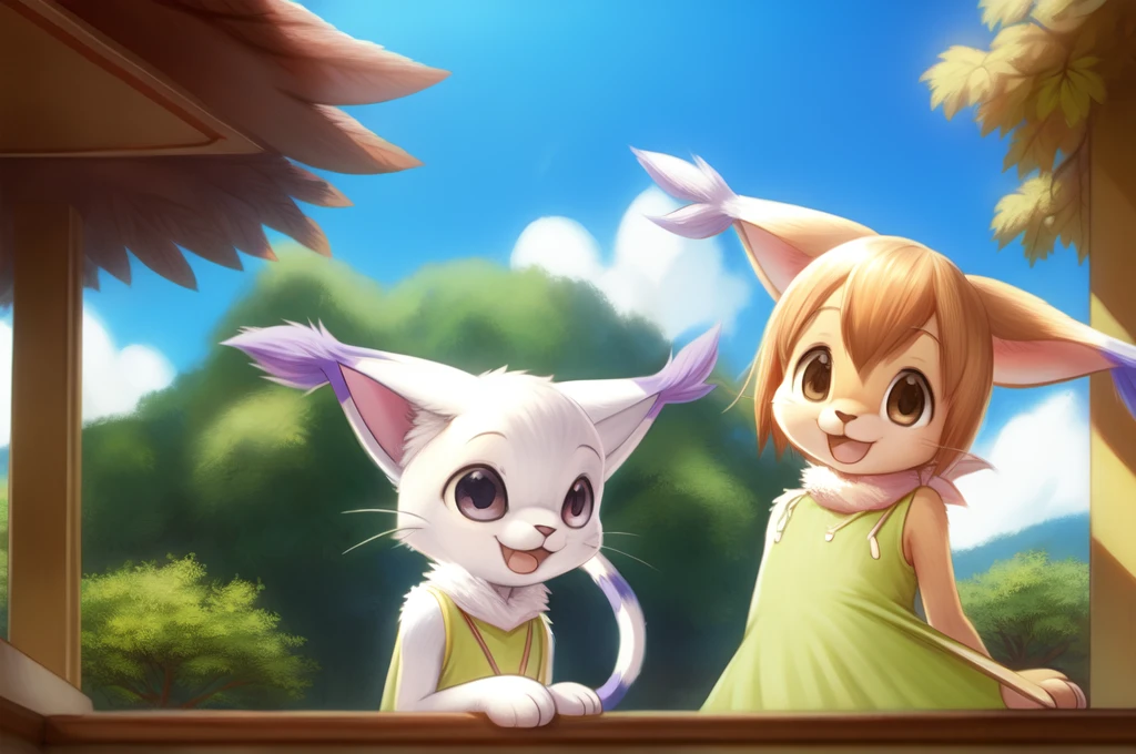 by woolrool,,, Kari_Kamiya and Gatomon furry, detailed and extremely fluffy body fur, fluff, masterpiece, looking up beautiful surroundings, detailed background, happy, leaf-dress, short stature, sexy anthro