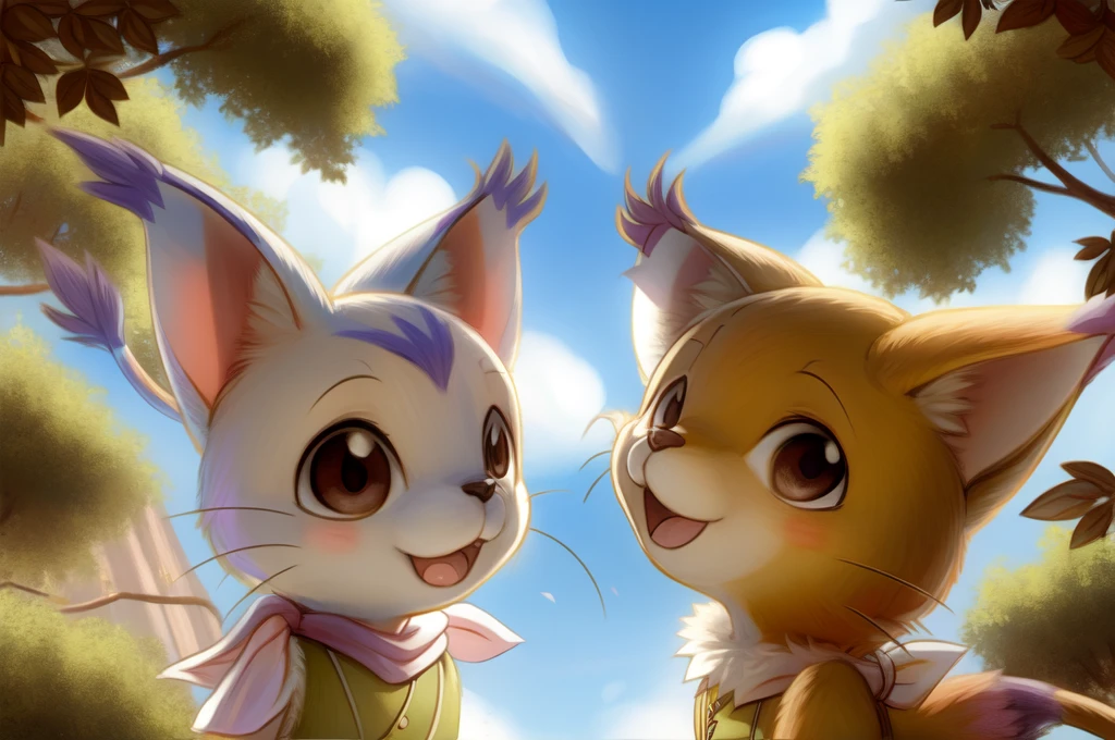 by woolrool,,, Kari_Kamiya and Gatomon furry, detailed and extremely fluffy body fur, fluff, masterpiece, looking up beautiful surroundings, detailed background, happy, leaf-dress, short stature, sexy anthro