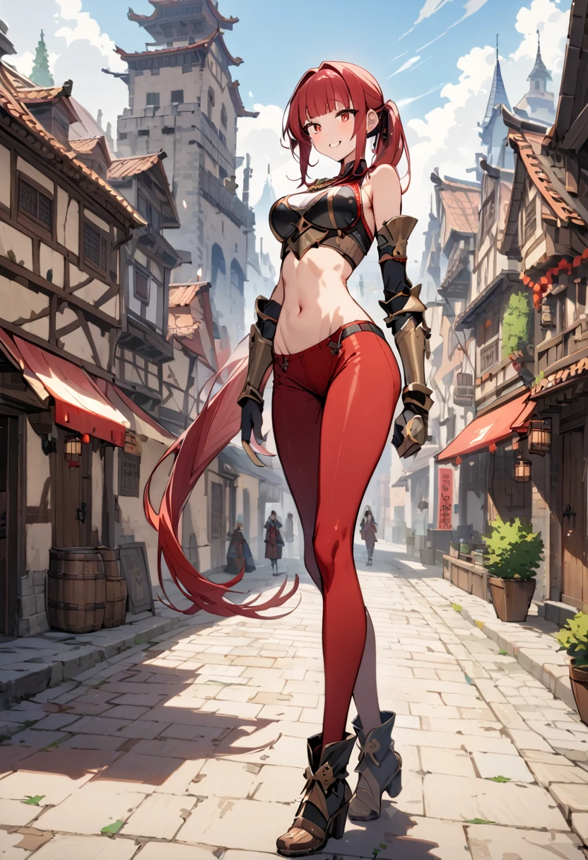 ((masterpiece,Highest quality:1.3)),1woman,30 year old beauty,独奏,((very small head:1.2)),red hair,long hair,,pigtail,blunt bangs,red eyes,gorgeous eyes,smile,medium breasts,((very long body:1.2)),((toned body,slender body,skinny)),gleaming skin,shiny skin,knight armor、bara shoulder、Iron Gauntlet、navel、Red pleated hort leather boots,standing,city、sunny、Medieval Europe、