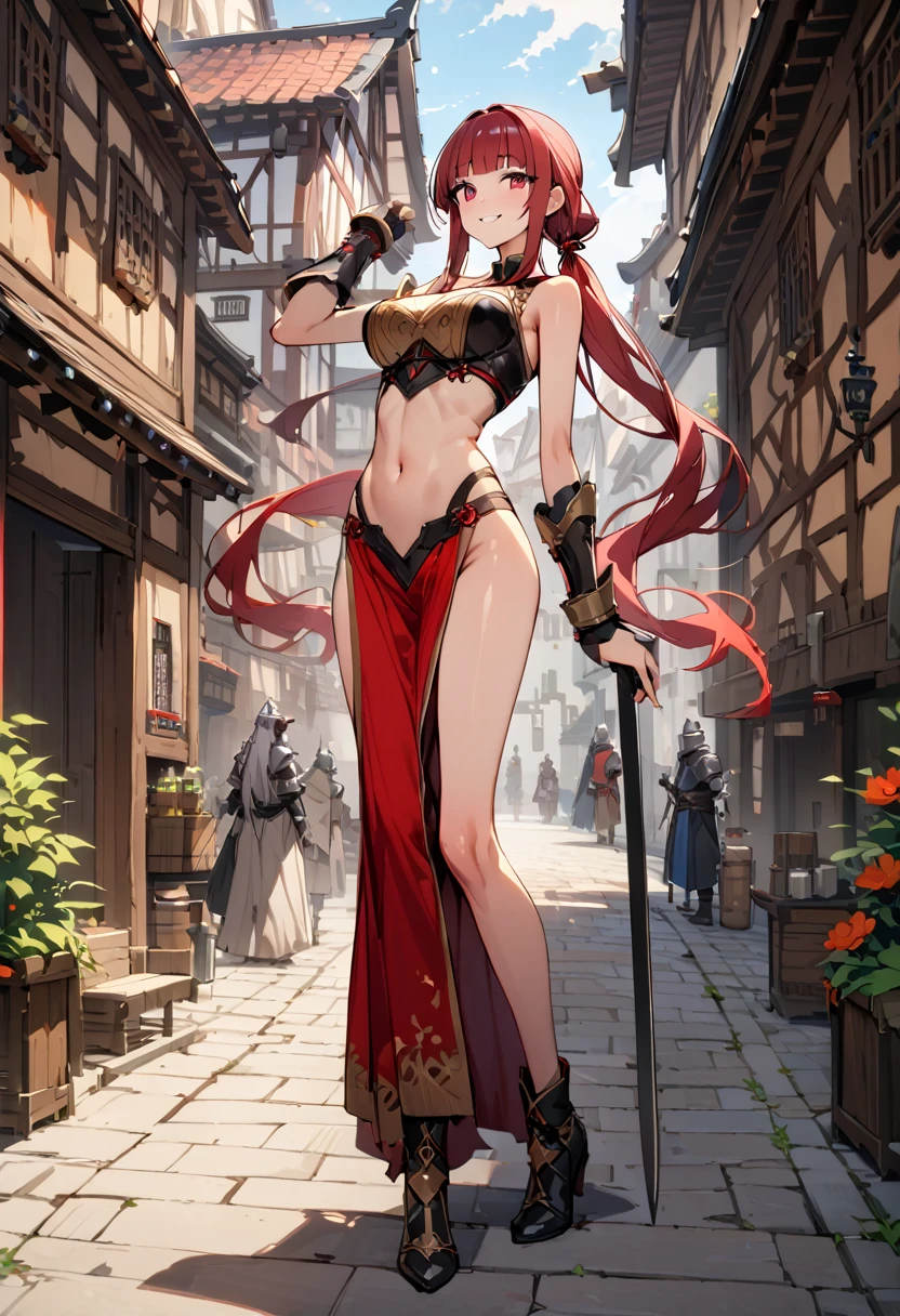 ((masterpiece,Highest quality:1.3)),1woman,30 year old beauty,独奏,((very small head:1.2)),red hair,long hair,,pigtail,blunt bangs,red eyes,gorgeous eyes,smile,medium breasts,((very long body:1.2)),((toned body,slender body,skinny)),gleaming skin,shiny skin,knight armor、bara shoulder、Iron Gauntlet、navel、Red pleated hort leather boots,standing,city、sunny、Medieval Europe、