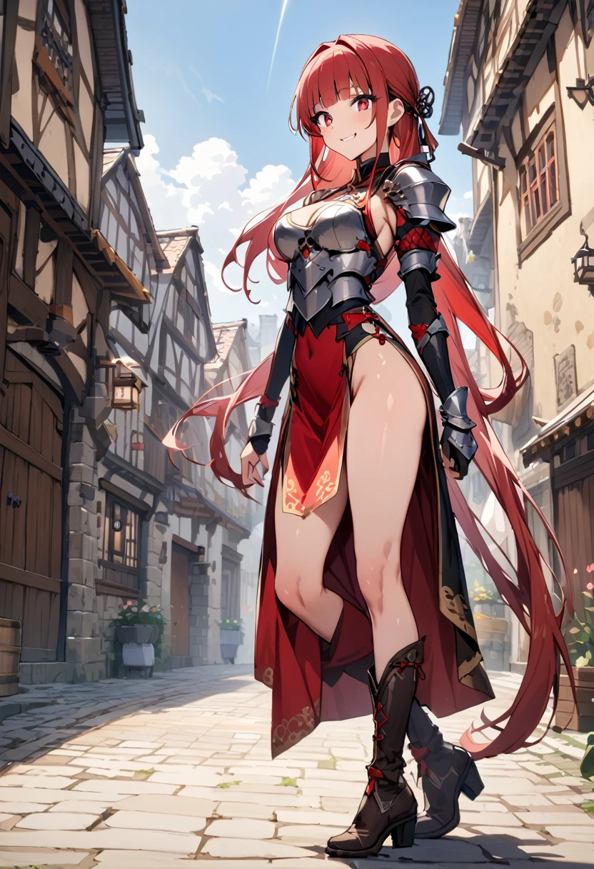 ((masterpiece,Highest quality:1.3)),1woman,30 year old beauty,独奏,((very small head:1.2)),red hair,long hair,,pigtail,blunt bangs,red eyes,gorgeous eyes,smile,medium breasts,((very long body:1.2)),((toned body,slender body,skinny)),gleaming skin,shiny skin,knight armor、bara shoulder、Iron Gauntlet、navel、Red pleated hort leather boots,standing,city、sunny、Medieval Europe、