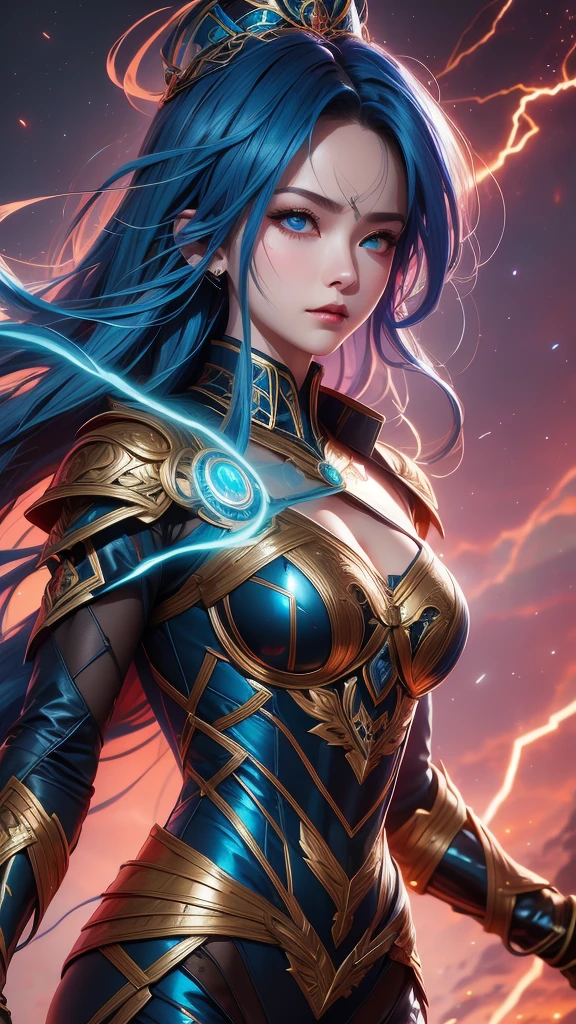 "Official Art, Unity 8k Wallpaper, Masterpiece, Best Quality, Fantasy, Ultra Detail, Full body shot, (Dynamic Angle), (Very Detail), Ultra High Definition, 8k UHD, (light rayer:1.05), Light Particles, Magic Effects swirling around her, Detailed Skin Texture, (illustration:1.05), (detailed light:1.05), (ultra-detailed:1.1), Solo, One Woman, hovering mid-air with a mystic aura. Eyes: deep electric blue that seem to harbor storms within, surrounded by dark eyelashes and soft glowing eyelids. Attire: a delicate balance of steel armor intricately designed, combined with soft silken fabrics that flow with her every move. Crown: made of steel, glistening with a metallic sheen, adorned with intricate patterns. Hair: long, flowing like live electricity. Holding an intricately designed hammer, emerging before a striking bolt of lightning, realistic light setting, (realistic)."
