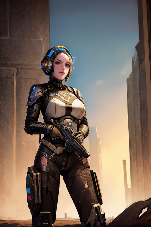 A woman with a gun stands in front of the spaceship, ruined empire in the background, official character art, zombies from doom eternal, Orianna, painting c - 3 p 0, inspired by Sargent Johnson, Celestial planet in the background, Juno promotional image, Full helmet