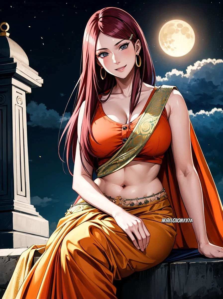 uzumaki_kushina,massive large_breasts, large thighs,large_ass, solo, green shirt,shirt up,navel, ponytail,tight dress, short skirts, masterpiece, best quality, detailed face, detailed eyes, highres, (masterpiece:1.4, best quality:1.2), (Highres), (Detailed Illustration), Ultra-Detailed, konohagakure, leg spread,looking in front, smiling playfully with a mischievous glint in the eyes