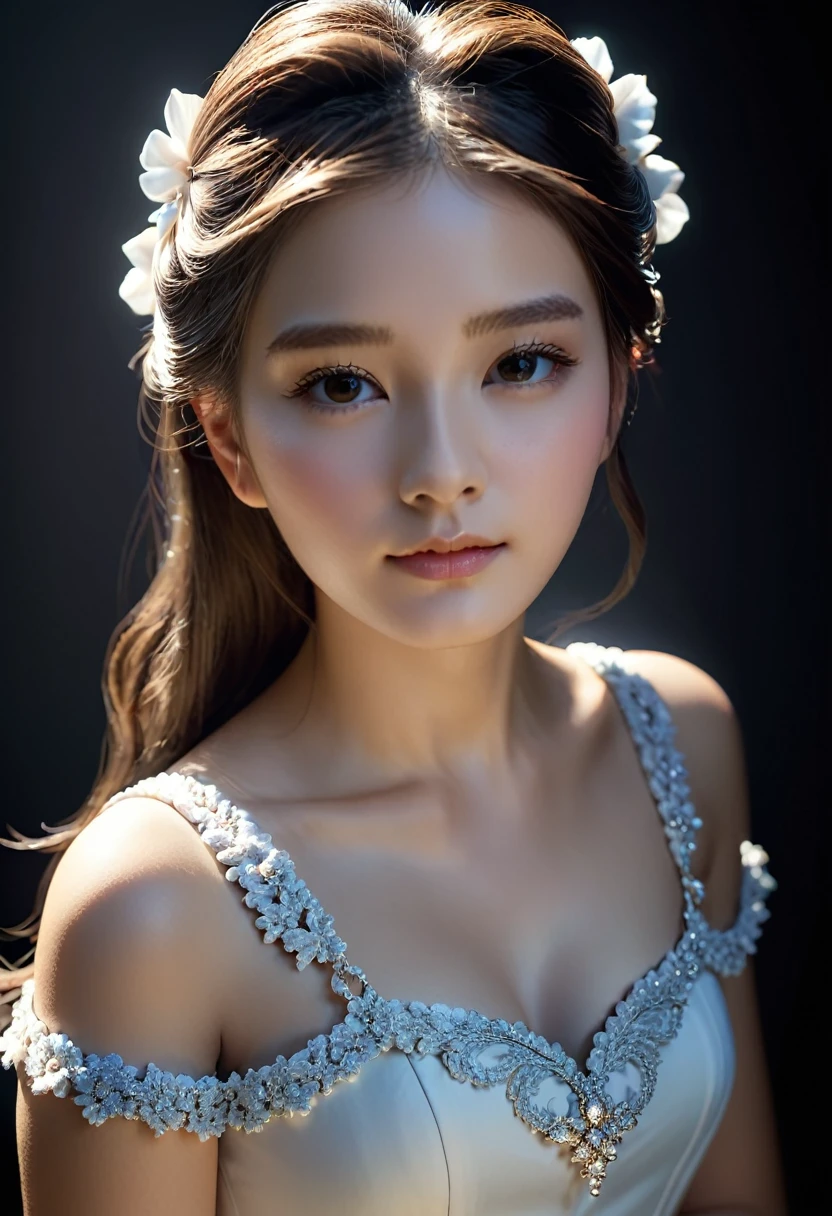 Best Quality, Masterpiece, High Resolution, 1girl, Porcelain Dress, Hair Accessories, Necklace, Jewelry, Pretty Face, On Body, Tyndall Effect, Realistic, Shadow Studio, Rim Lighting, Dual Tone Lighting, (High Detail Skins: 1.2), 8k UHD, dslr, soft light, high quality, volume light, sneak shot, photo, high resolution, 4k, 8k, background blur,