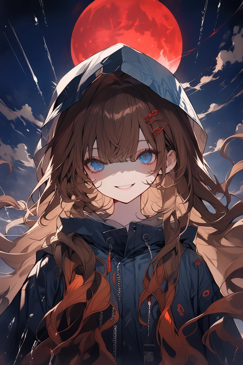 1 girl, CuteStyle, upper body, bottom view, blue eyes, brown hair, long hair with bangs, looking at the viewer, flowing hair, wearing a black T-shirt, fingerless black gloves, unbuttoned black raincoat without hood, standing on the roof outside, night, big red moon, smile, shaded face, face in blood, detailed, beautiful, delicate tones