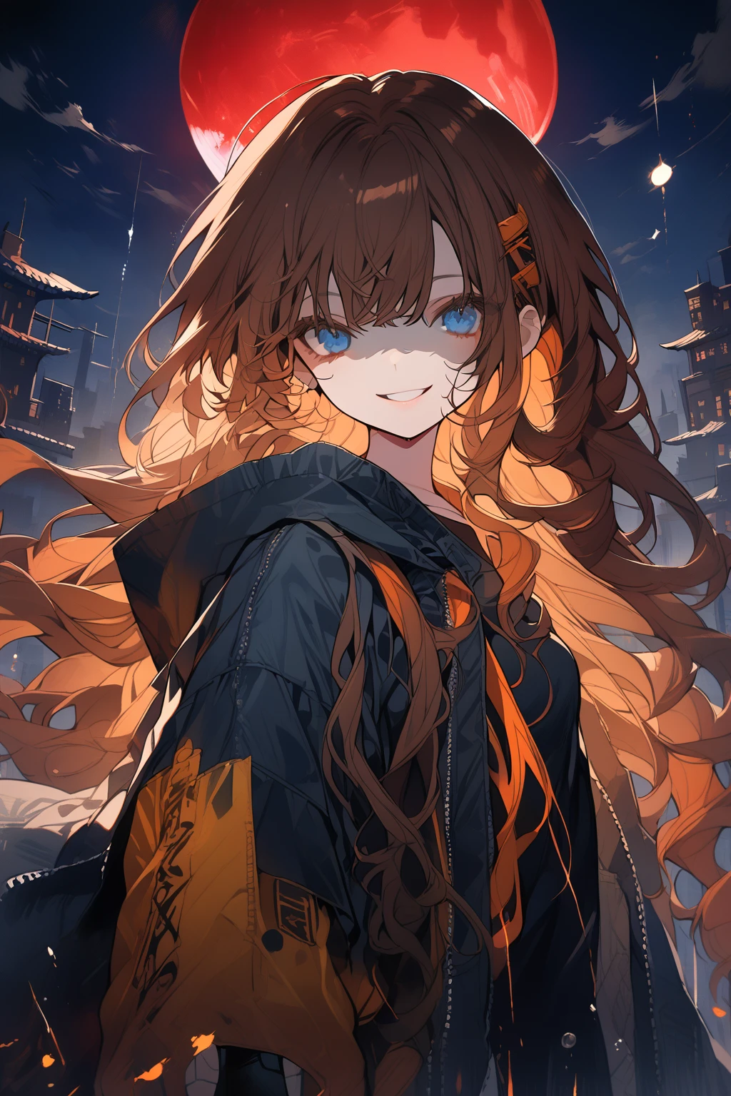 1 girl, CuteStyle, upper body, bottom view, blue eyes, brown hair, long hair with bangs, looking at the viewer, flowing hair, wearing a black T-shirt, fingerless black gloves, unbuttoned black raincoat without hood, standing on the roof outside, night, big red moon, smile, shaded face, face in blood, detailed, beautiful, delicate tones