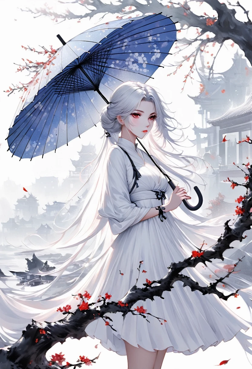 (Lots of white space:1.5)，(Lots of white space around:1.6), White background, simple, Minimalism, Abstract,Hand Painted，Aesthetic，black and white，Ink Painting，，Falling Flowers，Girl holding an umbrella in the distance，(umbrella:1.7),An abstract art illustration, author：Li Song, Art in the style of Gu Weiss, Shin Jin Hye, First work of Gu Weiss, Ross Figure 1. 0, Beautiful digital illustrations, Inspired by Non-WLOP, simpledigital art, jingna zhang, Gu Weiss, Stunning digital illustrations