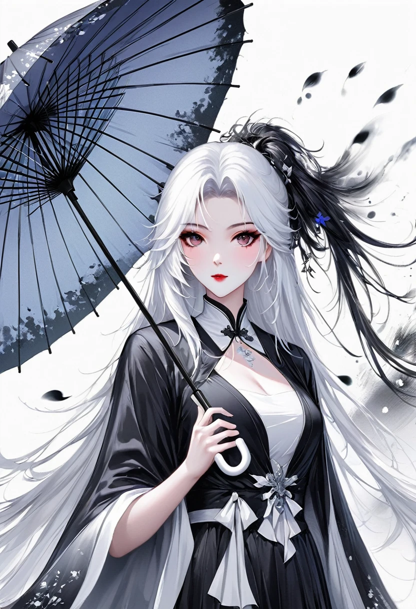 (Lots of white space:1.5)，(Lots of white space around:1.6), White background, simple, Minimalism, Abstract,Hand Painted，Aesthetic，black and white，Ink Painting，，Falling Flowers，Girl holding an umbrella in the distance，(umbrella:1.7),An abstract art illustration, author：Li Song, Art in the style of Gu Weiss, Shin Jin Hye, First work of Gu Weiss, Ross Figure 1. 0, Beautiful digital illustrations, Inspired by Non-WLOP, simpledigital art, jingna zhang, Gu Weiss, Stunning digital illustrations