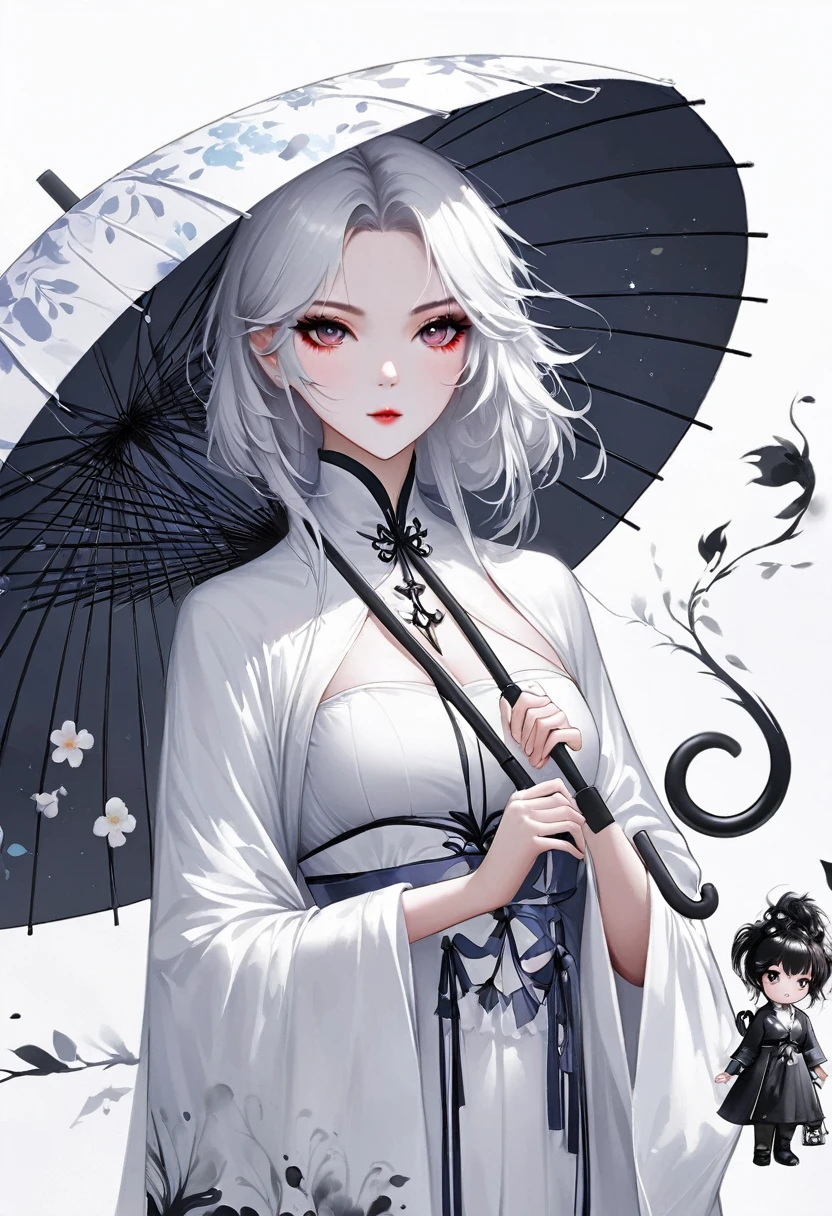 (Lots of white space:1.5)，(Lots of white space around:1.6), White background, simple, Minimalism, Abstract,Hand Painted，Aesthetic，black and white，Ink Painting，，Falling Flowers，Girl holding an umbrella in the distance，(umbrella:1.7),An abstract art illustration, author：Li Song, Art in the style of Gu Weiss, Shin Jin Hye, First work of Gu Weiss, Ross Figure 1. 0, Beautiful digital illustrations, Inspired by Non-WLOP, simpledigital art, jingna zhang, Gu Weiss, Stunning digital illustrations