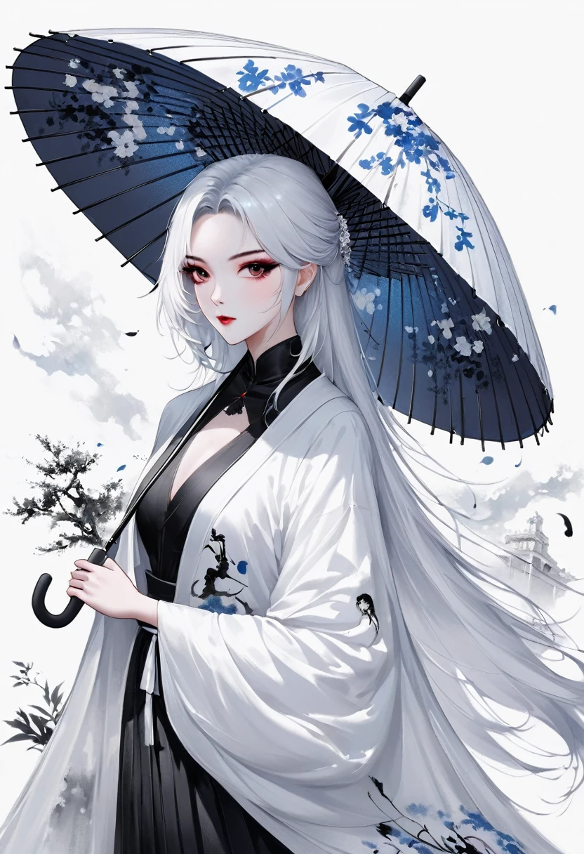 (Lots of white space:1.5)，(Lots of white space around:1.6), White background, simple, Minimalism, Abstract,Hand Painted，Aesthetic，black and white，Ink Painting，，Falling Flowers，Girl holding an umbrella in the distance，(umbrella:1.7),An abstract art illustration, author：Li Song, Art in the style of Gu Weiss, Shin Jin Hye, First work of Gu Weiss, Ross Figure 1. 0, Beautiful digital illustrations, Inspired by Non-WLOP, simpledigital art, jingna zhang, Gu Weiss, Stunning digital illustrations