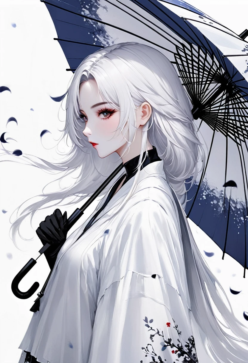 (Lots of white space:1.5)，(Lots of white space around:1.6), White background, simple, Minimalism, Abstract,Hand Painted，Aesthetic，black and white，Ink Painting，，Falling Flowers，Girl holding an umbrella in the distance，(umbrella:1.7),An abstract art illustration, author：Li Song, Art in the style of Gu Weiss, Shin Jin Hye, First work of Gu Weiss, Ross Figure 1. 0, Beautiful digital illustrations, Inspired by Non-WLOP, simpledigital art, jingna zhang, Gu Weiss, Stunning digital illustrations