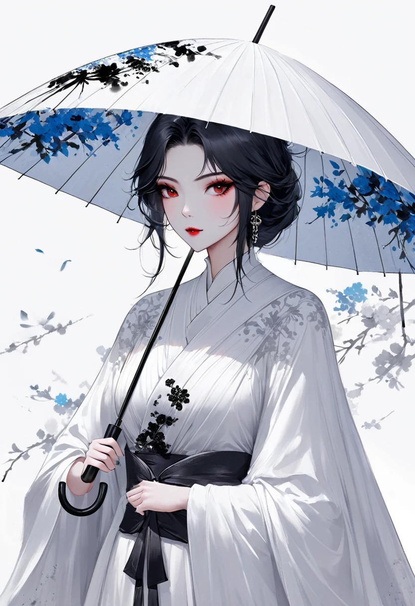 (Lots of white space:1.5)，(Lots of white space around:1.6), White background, simple, Minimalism, Abstract,Hand Painted，Aesthetic，black and white，Ink Painting，，Falling Flowers，Girl holding an umbrella in the distance，(umbrella:1.7),An abstract art illustration, author：Li Song, Art in the style of Gu Weiss, Shin Jin Hye, First work of Gu Weiss, Ross Figure 1. 0, Beautiful digital illustrations, Inspired by Non-WLOP, simpledigital art, jingna zhang, Gu Weiss, Stunning digital illustrations