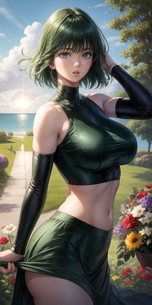 realistic, 1girl, Fubuki, green hair, green eyes, big round breasts, pure white skin, shining eyes, dark green crop top, dark green skirt, parted lips, rouge, night, flowers, sun, sunshine