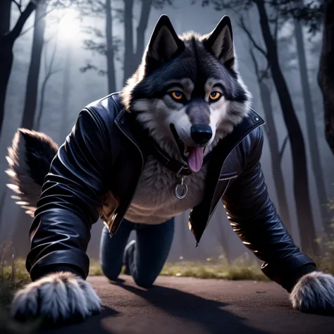 Running on all fours, Male, 30 years old, happy, mouth open with tongue hanging out, black leather jacket, anthro, wolf ears, (b...