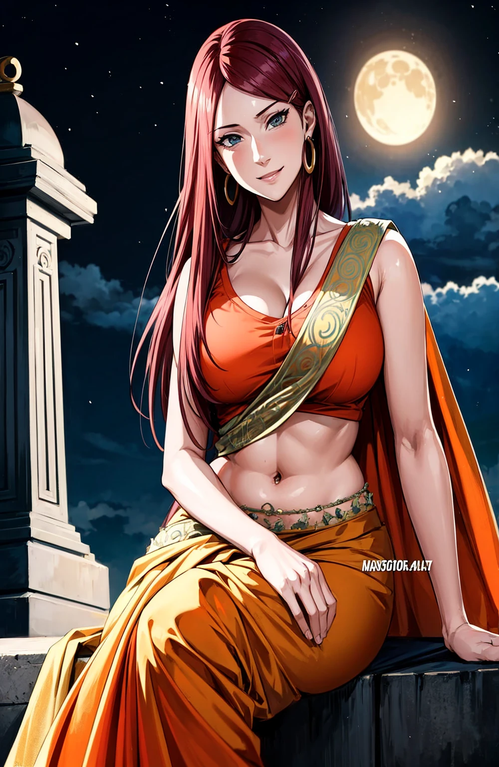 uzumaki_kushina,massive large_breasts, large thighs,large_ass, solo, green shirt,shirt up,navel, ponytail,tight dress, short skirts, masterpiece, best quality, detailed face, detailed eyes, highres, (masterpiece:1.4, best quality:1.2), (Highres), (Detailed Illustration), Ultra-Detailed, konohagakure, leg spread,looking in front, smiling playfully with a mischievous glint in the eyes