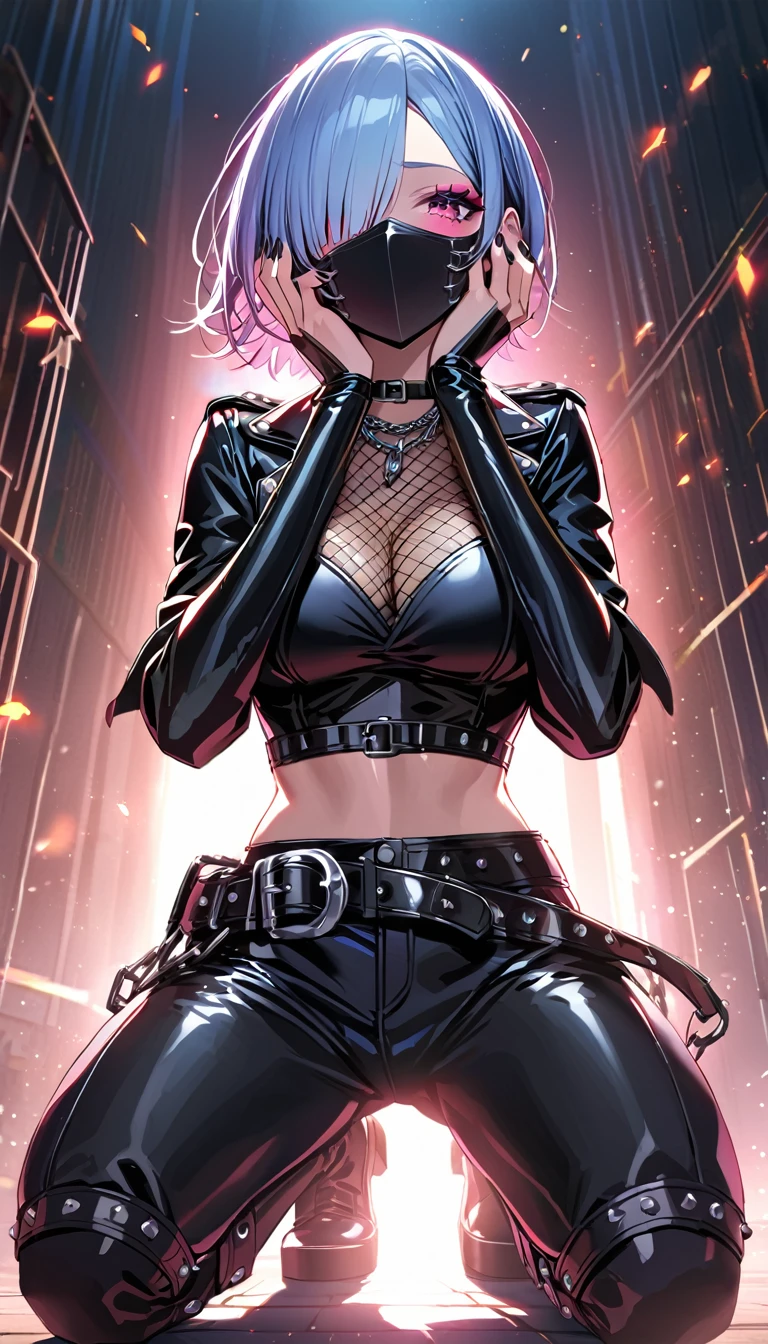 best quality, masterpiece, ultra-detailed, illustration, dynamic pose, Rem from Re:Zero, bright blue short hair, hair over one eye, (perfectly proportionate body), eyeliner, tired, wearing a leather jacket, (covid face mask), adorned with studded accessories, platform boots, layered necklaces, bold patterns, (torn fishnets), dramatic makeup, black nail polish, oversized rings, chains and buckles, busty body, wearing a crop-top, hands on face, close-up shot, cinematic lighting, volumetric lighting, vibrant colors, ray tracing, 