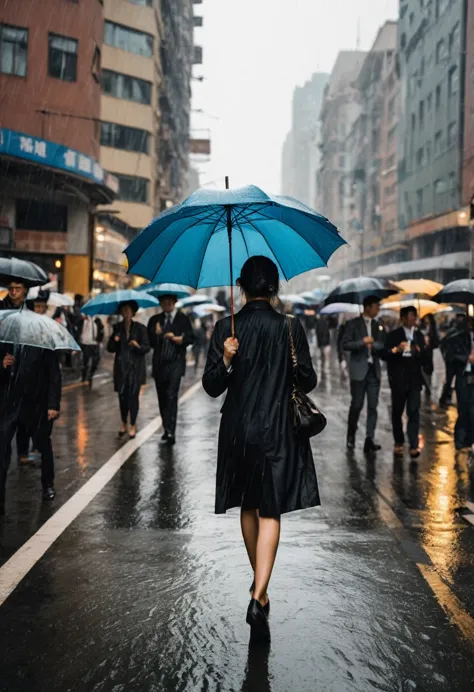 (Umbrella, rain), The scene mainly depicts a morning commuter in a city. She quickly walks towards the subway station, dressed a...