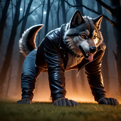 Running on all fours, Male, 30 years old, happy, mouth open with tongue hanging out, black leather jacket, anthro, wolf ears, (b...