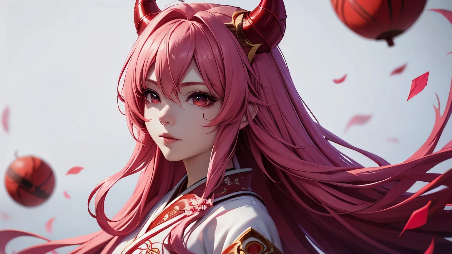 Serafina1, League of Legends, cheveux roses, Ils, démon, red démon horns, Lune de sang, kimono japonais traditionnel blanc, maquillage rouge, fond rouge, fleurs de sakura, athlète japonais, effets lumineux, cheveux longs, Diviser