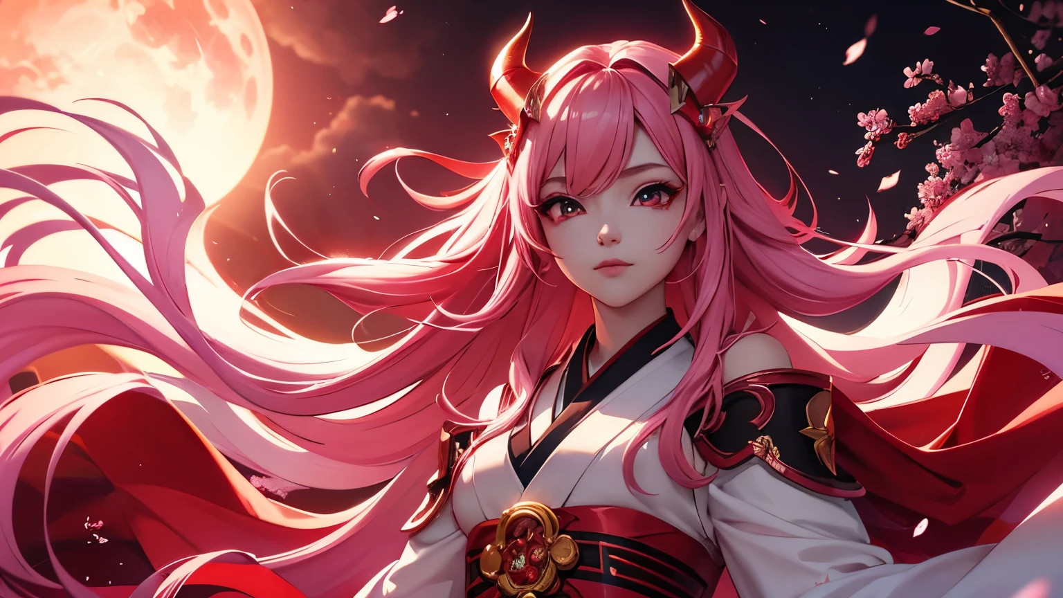 Serafina1, League of Legends, pink hair, They, daemon, red daemon horns, blood moon, white traditional japanese kimono, Red Makeup, red background, sakura flowers, Japanese Athlete, Luminous effects, long hair, split