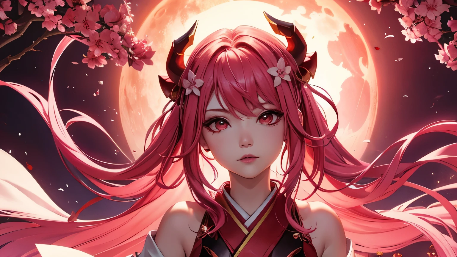 Serafina1, League of Legends, pink hair, They, daemon, red daemon horns, blood moon, white traditional japanese kimono, Red Makeup, red background, sakura flowers, Japanese Athlete, Luminous effects, long hair, split