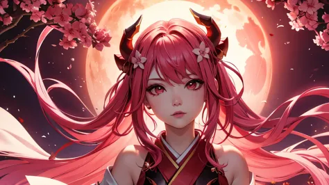 Serafina1, League of Legends, pink hair, They, daemon, red daemon horns, blood moon, white traditional japanese kimono, Red Make...