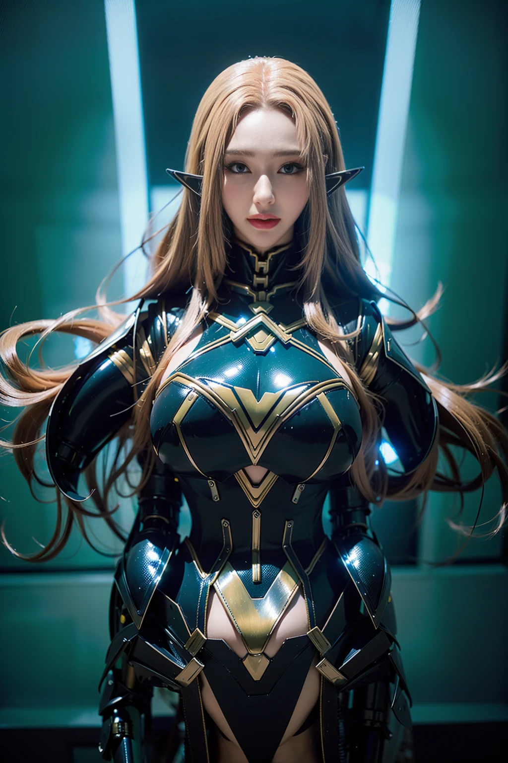 Super Detail, High Detail, high quality, best quality, High resolution，1 female robot，Beautiful female robot,beautiful clear face(Rain waves_haneame：1.5)， Mechanical body(Smooth metal surface，armor，Mechanical seams of skin，beautiful body curves)，Mechanical body structure,High-tech all over the body(mecha armor : 1.5)，Streamlined mechanical armor (Relatively thick，Highlight breast curves),Mechanical parts damage