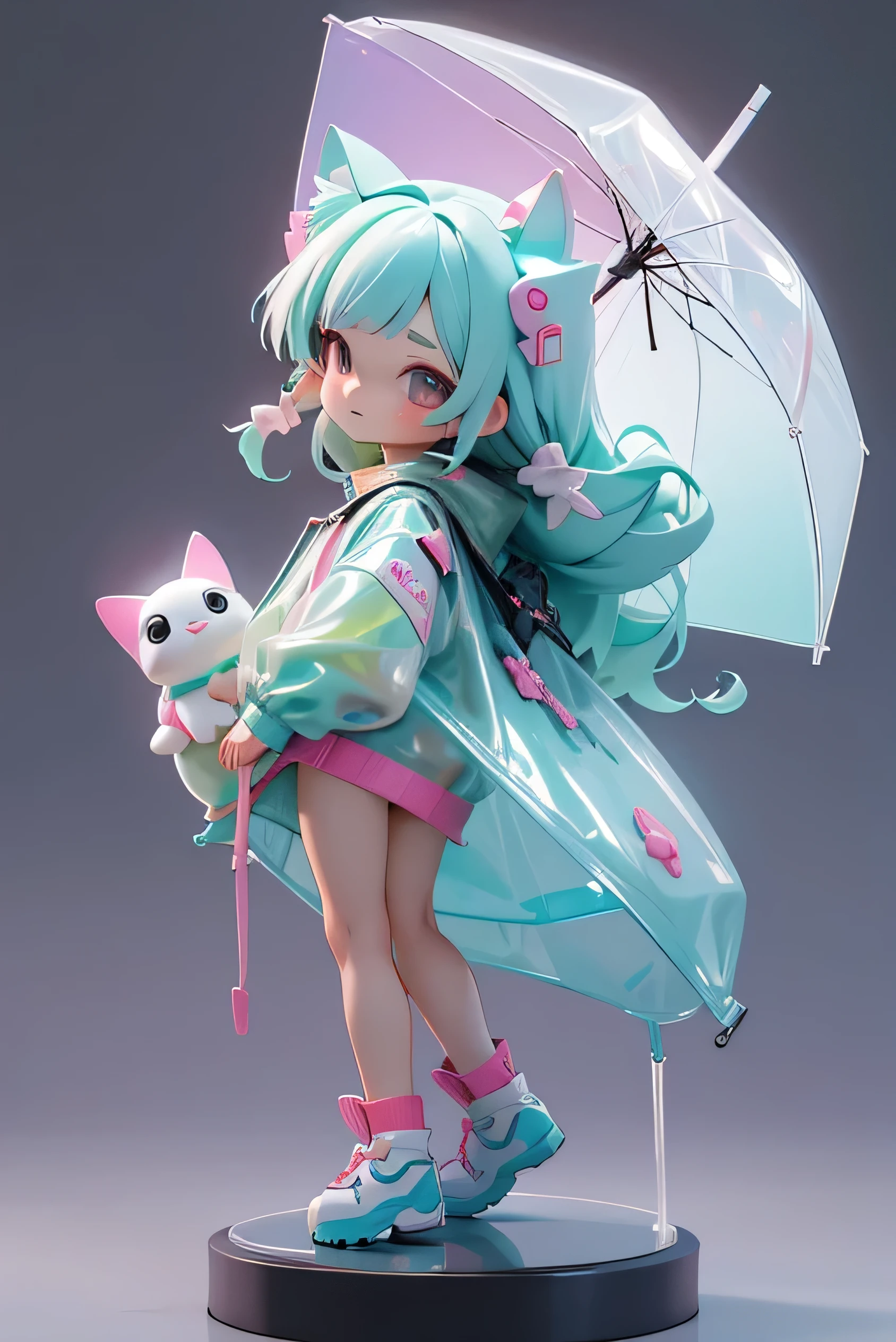 Cute cat girl wrapped in clear raincoat, tchibi, Fluorescent translucent sports fashion trend clothing, wearing sandals, Candy color, long hair, simple bright background, 3D toys, Cyberpunk Style, cinema4d, rendering by octane, 3D model, Collectible toys, nendoroid, Street style,by Pixar, Big shoes , Fashion trends, Close-up, Full body --AR 3:4 --q 2 50 --niji 5 --niji 5 --s 100 --stylistic expression --s 2