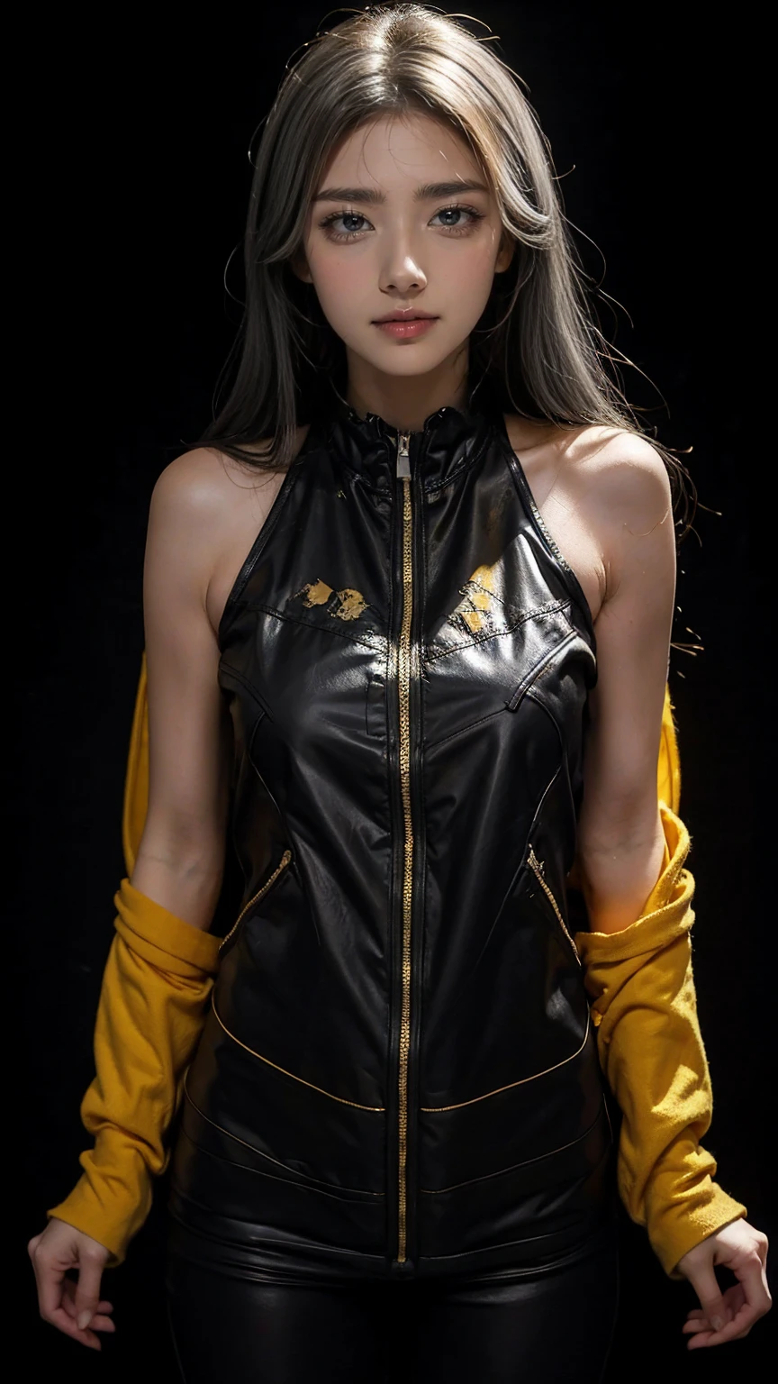 MKSK style, 1 woman, cute, surrounded by yellow lights, golden eyes, gray hair, black background, enlargement, no smile, masterpiece, very detailed, raped, torn clothes, wetting herself, 