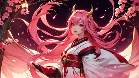 serafina1, league of legends, pink hair, they, daemon, red daemon horns, blood moon, white traditional japanese kimono, red make...