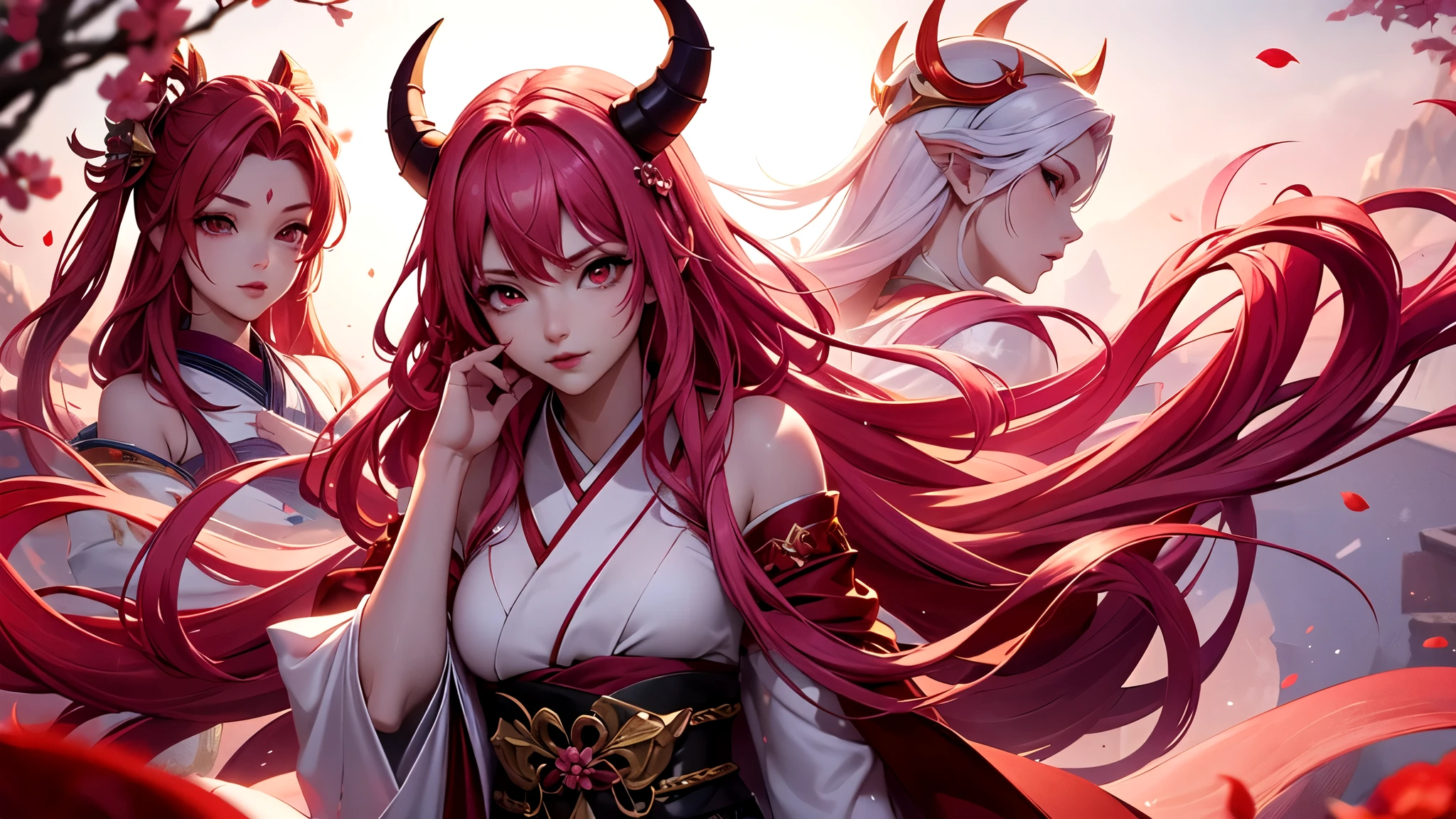 Serafina1, League of Legends, cheveux roses, Ils, démon, red démon horns, Lune de sang, kimono japonais traditionnel blanc, maquillage rouge, fond rouge, fleurs de sakura, athlète japonais, effets lumineux, cheveux longs, Diviser