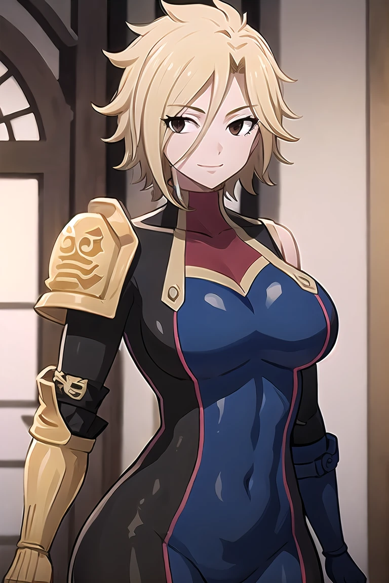 masterpiece, best quality, dimaria, 1girl, short hair, blonde hair, brown eyes, bodysuit, pauldron, shoulder pads, shoulder armor, boots, skin tight, covered navel, large breasts,closeup, upper body, smile, room,