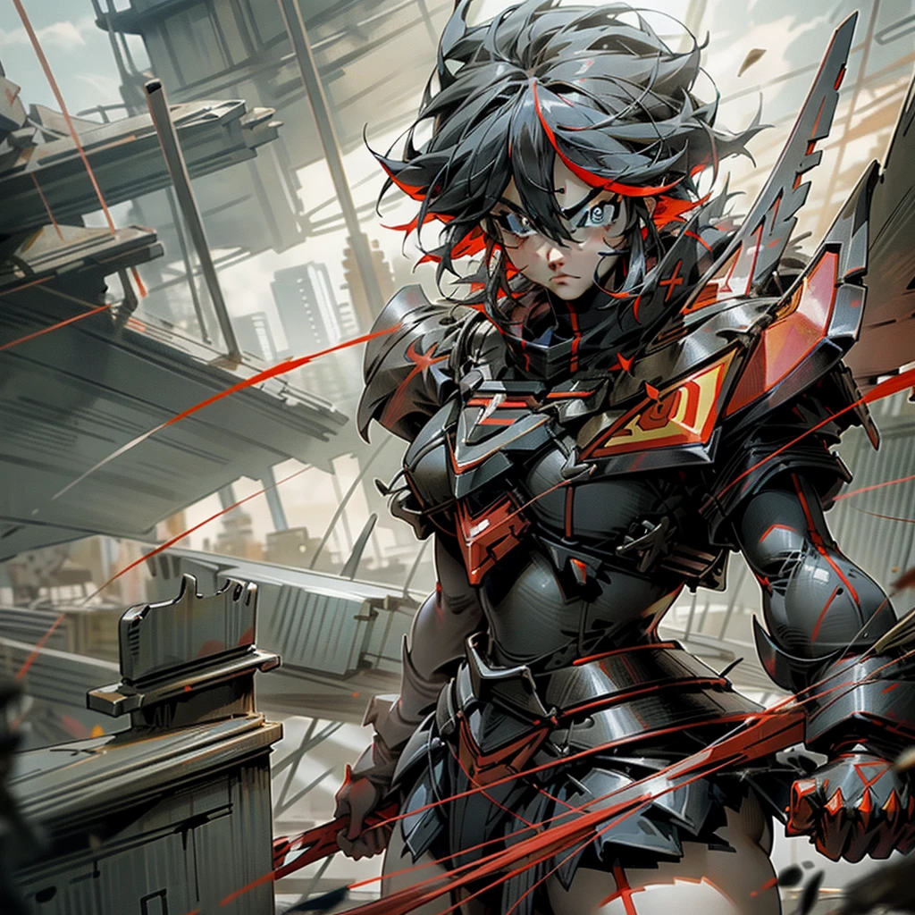 Kill La Kill_Character_Ryuuko, White and Dark Red Captain outfit with a wide and large cuirass, styled in heavy Gundam armor and Officer-style outfit (Extremely Bulky Armor), standing in large central room, city destroyed, detailed eyes, mouth, nose, artwork prima, 8k, cinematic, detailed city, detailed armor, everything detailed, sexy