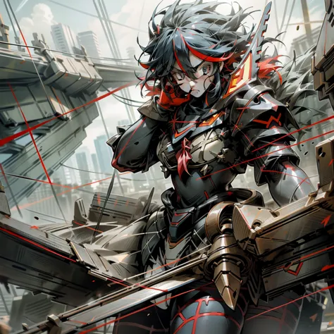 kill la kill_character_ryuuko, white and dark red captain outfit with a wide and large cuirass, styled in heavy gundam armor and...