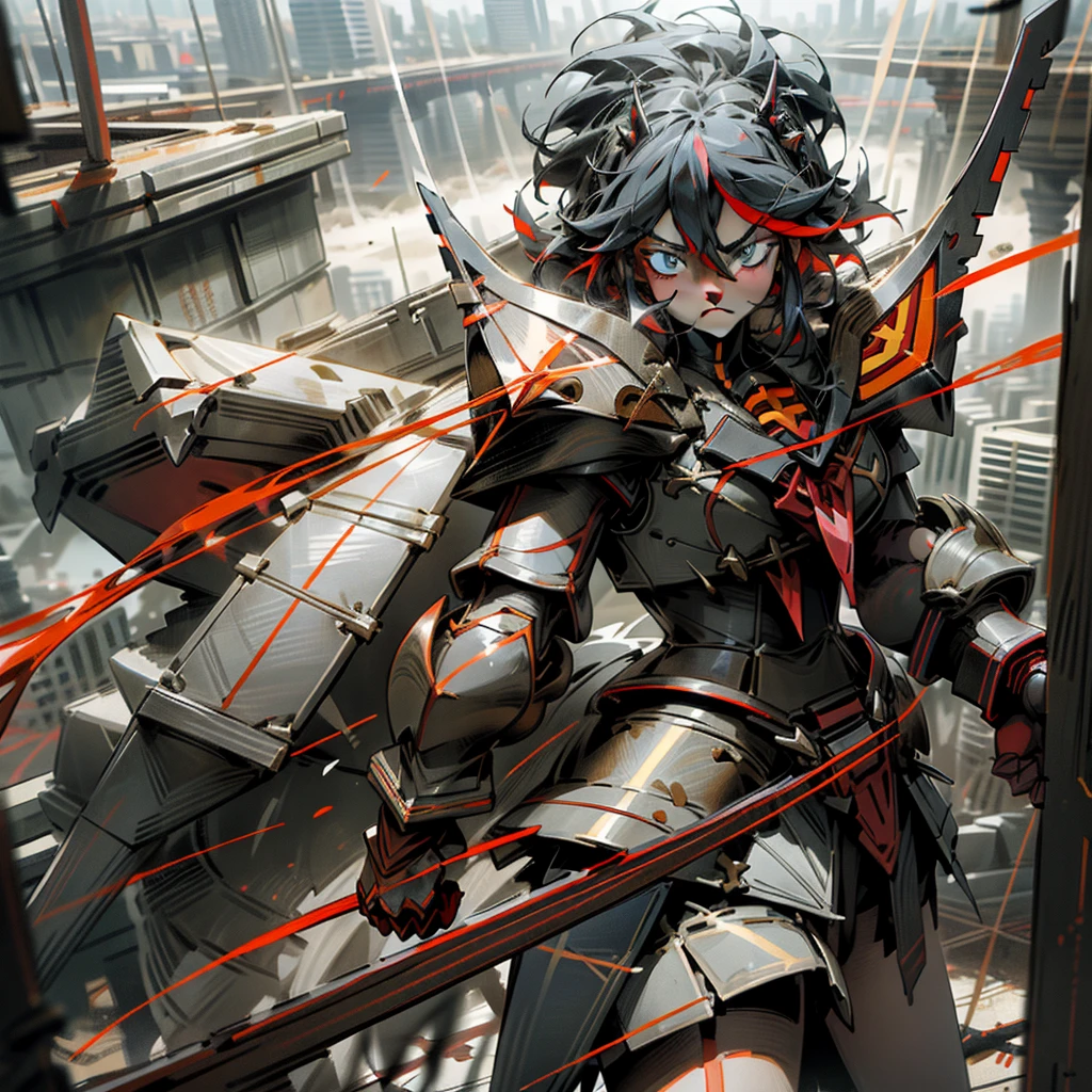 Kill La Kill_Character_Ryuuko, White and Dark Red Captain outfit with a wide and large cuirass, styled in heavy Gundam armor and Officer-style outfit (Extremely Bulky Armor), standing in large central room, city destroyed, detailed eyes, mouth, nose, artwork prima, 8k, cinematic, detailed city, detailed armor, everything detailed, sexy